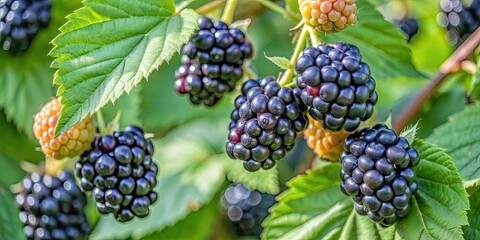 Poster - Close-up of ripe, juicy blackberries growing on bush in natural environment, delicious, blackberries, nature, berries, vitamins