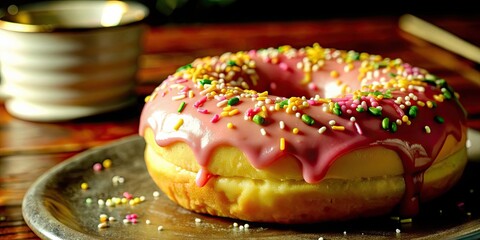 Wall Mural - Close-up of a pink sprinkle doughnut with dripping icing in a stylish cafe setting , sweet, indulgence, dessert, bakery