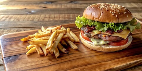 Sticker - Delicious burger with french fries on a wooden table, burger, fast food, hamburger, fries, potato, meal, lunch, tasty