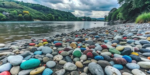 Canvas Print - Colorful pebbles and stones on river coast , River, shore, colorful, pebbles, stones, small