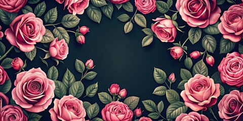 Sticker - Dark background with beautiful pink rose flowers. Seamless floral pattern, Pink, Rose, Flowers, Dark, Background, Seamless