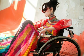 Sticker - Stylish woman in sunglasses poses confidently in a wheelchair, wearing a colorful dress