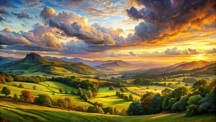 Canvas Print - Impressionist oil painting of scenic English landscapes and mountains at sunset , impressionist, oil painting, English, landscape