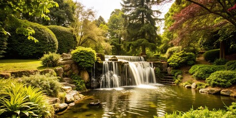 Sticker - Beautiful waterfall in a tranquil park setting surrounded by lush greenery, waterfall, park, nature, scenery, landscape