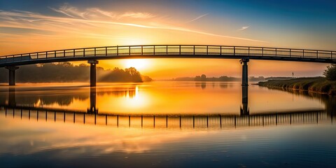 Sticker - Silhouette of a bridge at sunrise over a calm river, bridge, morning, sunrise, silhouette, water, peaceful, tranquil