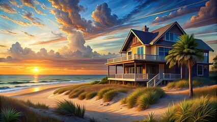 Sticker - Summer painting of a beachfront house at sunset , beachfront, house, painting, summer, sunset, ocean, sea, waves, sky, clouds