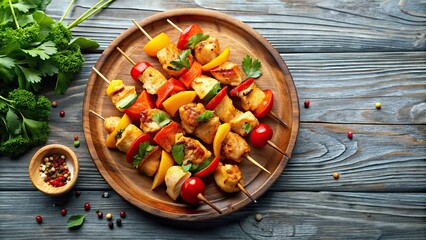 Poster - Chicken skewers with slices of sweet p, chicken, skewers, slices, sweet peppers, grill, barbecue, delicious, food, appetizer, marinated