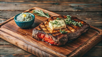 Poster - Juicy medium rare steak topped with herb butter served on a rustic wooden board , food, beef, steak, medium rare, juicy, meat