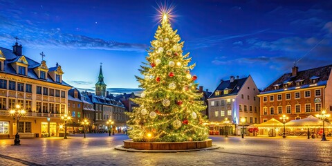 Poster - Magnificent Christmas tree adorned with sparkling lights in a festive town , festive, holiday, winter