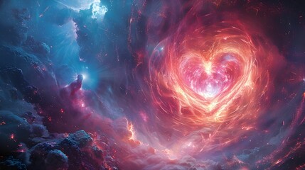 Wall Mural - A galaxy of heart is surrounded by a cloud of pink, blue and red.