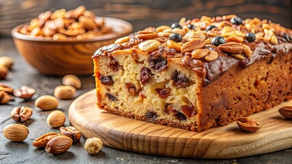 Sticker - Cake with nuts and raisins, close-up shot, cake, dessert, baked, pastry, sweet, snack, tasty, delicious, homemade, food