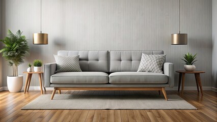 Sticker - Modern MCM sofa in a minimalist living room setting, modern, mid-century modern, MCM, sofa, couch, furniture, home