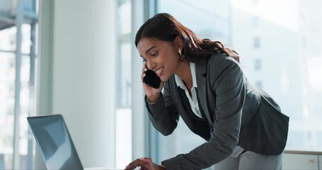 Aufkleber - Phone call, business and woman with laptop, typing and conversation to check schedule, online news and connection. Professional, financial advisor or economy analyst with cellphone and confirm budget