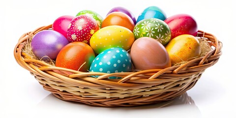 Poster - Easter eggs in a basket isolated on white background, Easter, eggs, basket, isolated, white, background, holiday