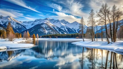 Wall Mural - Snow-covered lake surrounded by barren trees and mountains , winter, cold, frozen, serene, tranquil, icy, snowy