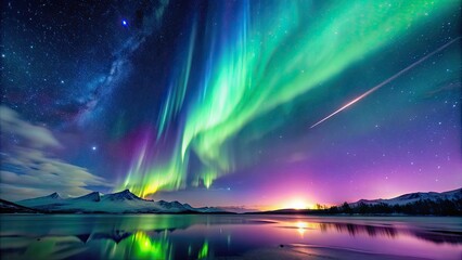 Sticker - Aurora borealis with shooting star, northern lights, sky, stars, celestial, night, astronomical, meteor, beauty, colorful