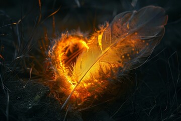 Canvas Print - A single feather lit with a warm, ethereal glow lies on a bed of twilightdrenched grass