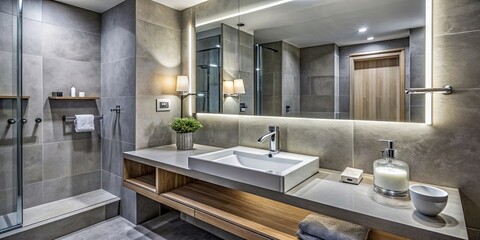 Wall Mural - Grey modern hotel bathroom interior with sink and accessories on counter closeup, hotel, bathroom, interior, sink, modern