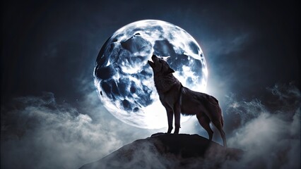  Silhouette of a howling wolf against a dark, foggy background with a full moon in the sky, wolf, silhouette, howling, dark