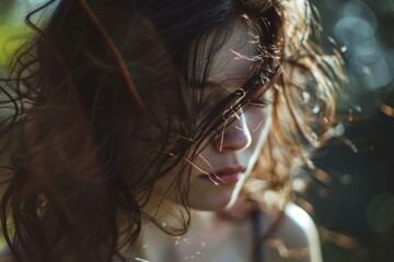 Sticker - Closeup of a thoughtful woman bathed in soft sunlight, surrounded by nature