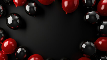 Wall Mural - A dark background with glossy black and red balloons framing the edges, creating a festive and elegant atmosphere