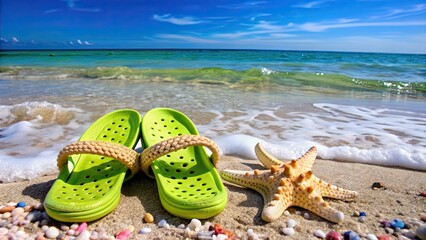 Wall Mural - Crocs flip-flops on ocean shore with shells and starfish, beach, sand, flip-flops, crocs, ocean, shore, shells