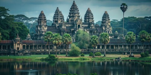 Sticker - Majestic Angkor Wat temple in a serene Chinese style painting amidst lush jungles, Angkor Wat, temple, Chinese style, painting