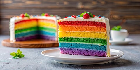 Poster - Colorful rainbow cake with layers of vibrant colors and creamy frosting , rainbow, cake, dessert, celebration, birthday, sweet