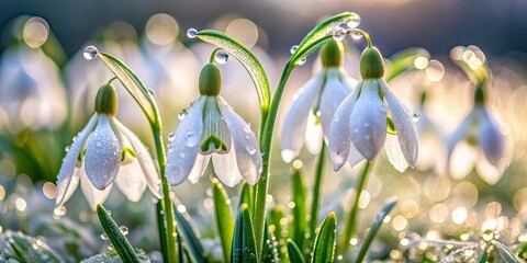 Wall Mural - Close-up of white snowdrops blooming on a dewy spring morning, snowdrops, spring, white flowers, meadow, morning, dew, close-up