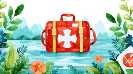 Illustrated first aid kit in a nature setting surrounded by flowers and leaves with mountains in the background.