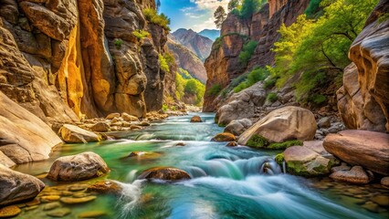 Sticker - Mountain stream flowing through rocky canyon, nature, water, stream, rocks, canyon, scenic, landscape, peaceful