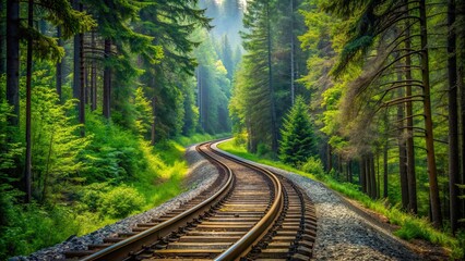 Canvas Print - Train tracks winding through a dense forest , transportation, railroad, nature, trees, greenery, tracks, journey, forest