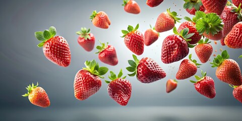 Sticker - Strawberries flying isolated on background, strawberries, flying, isolated,background, motion, fruit, red, juicy, fresh