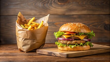 Poster - Burger with French Fries on brown paper bag, fast food concept, burger, hamburger, french fries, fast food, meal