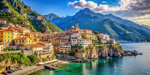 Poster - Scenic 1950s Italian coastal town with stunning mountain vista, Italy, vintage, 1950s, coastal, town, Mediterranean