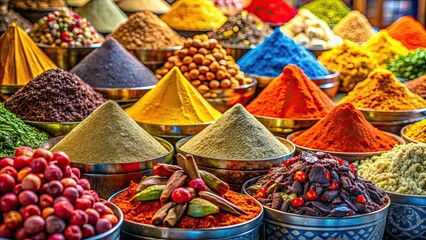 Canvas Print - Variety of colorful spices displayed in a vibrant market stall , spices, market, exotic, vibrant, cooking, ingredients