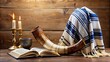 © Sujid - Yom Kippur symbols featuring a tallit, Torah, and Shofar , Yom Kippur, Jewish, religious, symbols, tallit