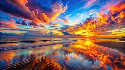 Sticker - Vibrant sunset at the beach with colorful sky reflected on the water, sunset, beach, ocean, dusk, evening, horizon, tranquil