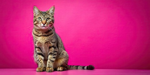 Poster - Playful tabby cat sitting on a vibrant pink background, tabby, cat, playful, pet, domestic, feline, pink, background, vibrant