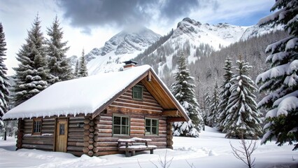 Canvas Print - Cozy log cabin nestled in a snowy wilderness setting, snow, winter, cabin, house, log, cozy, wilderness, woods, tranquil