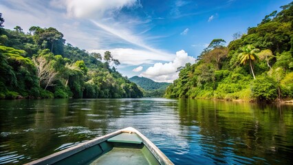 Sticker - Tropical rainforest river landscape seen from a boat, jungle, lush, greenery, foliage, river, water, reflection, boat, wildlife