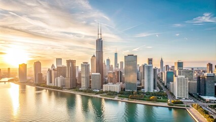 Wall Mural - Aerial view of Chicago Downtown skyline at sunrise with sun rays, Chicago, downtown, skyline, cityscape, aerial view