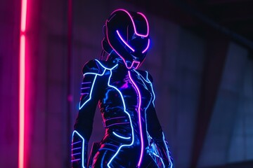 Poster - The stunning futuristic neon cyborg portrait with advanced cybernetic technology in a dark illuminated background