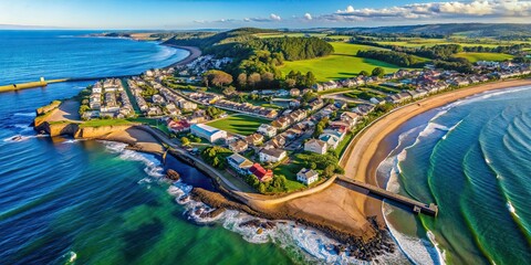 Sticker - Aerial view of a coastal town, aerial, view, landscape, town, city, buildings, ocean, sea, coastline, aerial photography