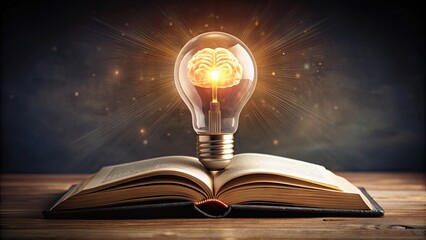 Poster - Book and brain inside a glowing light bulb, knowledge, intelligence, creativity, innovation, education