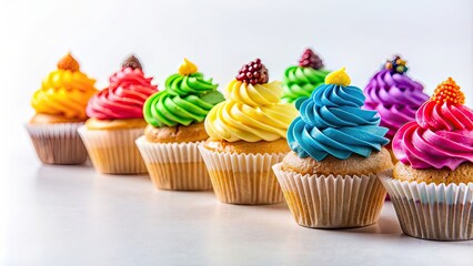 Wall Mural - Delicious and colorful cupcakes on a white background, cupcakes, dessert, sweet, baked, frosting, sprinkles, tasty, icing