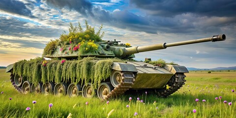 Modern tank disguised with grass and flowers in field , tank, camouflage, hidden, nature, warfare, military, vehicle