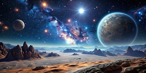 Wall Mural - alien landscape under a starry night sky with massive celestial bodies