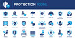© Icons-Studio - Protection icon set. Containing safe, shield, lock, security, alarm, umbrella, guard, fence and more. Solid vector icons collection.