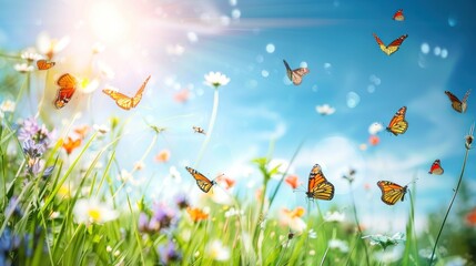 Poster - Butterflies flying over grass and flowers nature abstract background